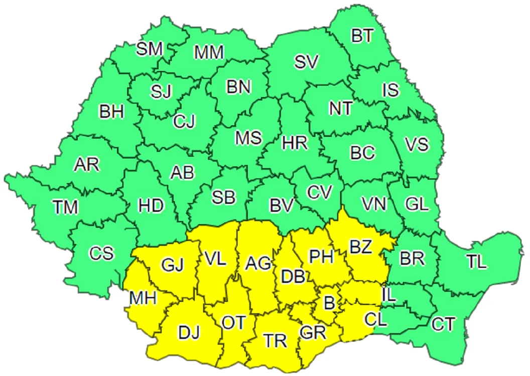 Harta meteo, cu zonele vizate de cod galben. foto: meteoromania.ro