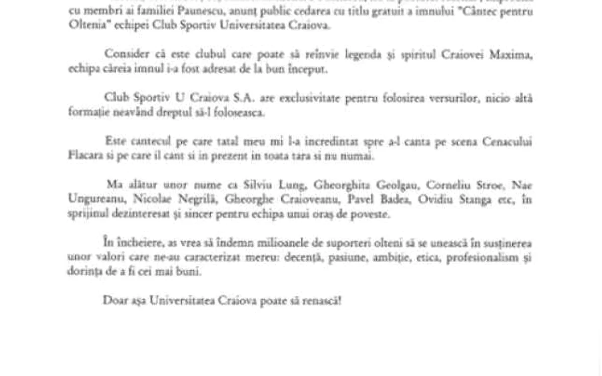 CSU Craiova are exclusivitate pentru folosirea imnului ''Cântec pentru Oltenia''