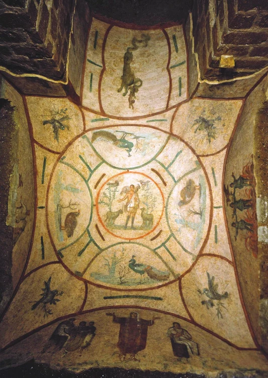 10 DE ALES  TITLU MARE Tavanul unei camere (cubiculum) din catacomba Priscilla Bunul Pastor jpg jpeg