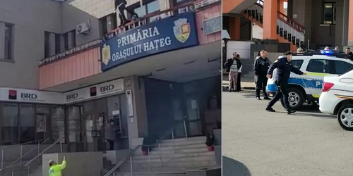 Bărbatul urcat pe sediul Primăriei Hațeg Foto IJJ Hunedoara jpg