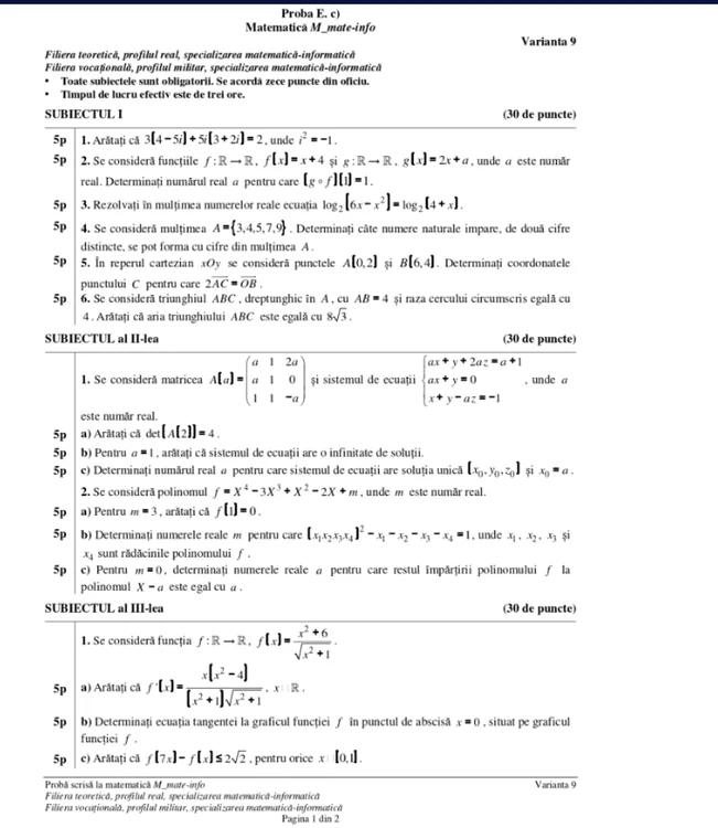 Subiecte Matematică (Mate-info) - Bacalaureat august 2025. FOTO Ministerul Educației