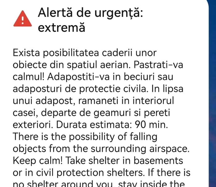 Mesaje Ro Alert trimise locuitorilor din Galați FOTO: Captura telefon