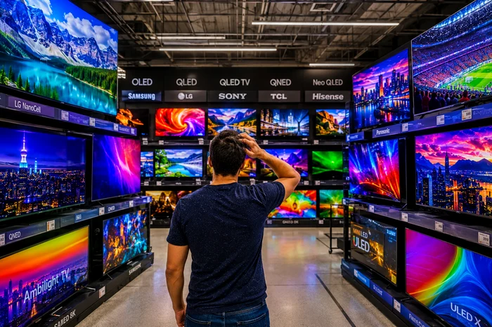 Cumpărător nedumerit în fața televizoarelor dintr-un magazin: Ghidul celor mai bune TV 2026 / DMS