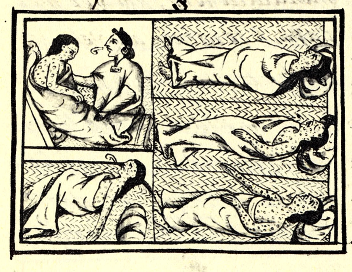 Indieni din America suferind de variolă. Desen din Cartea a XII-a a Codexului florentin, din secolul al XVI-lea (© Wikimedia Commons)