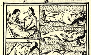 Indieni din America suferind de variolă. Desen din Cartea a XII-a a Codexului florentin, din secolul al XVI-lea (© Wikimedia Commons)