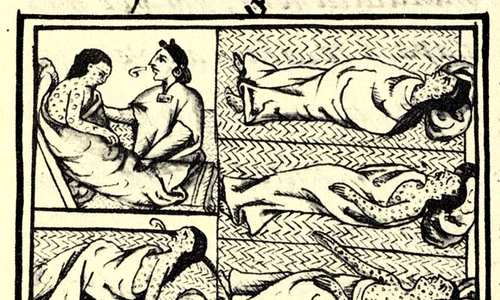 Indieni din America suferind de variolă. Desen din Cartea a XII-a a Codexului florentin, din secolul al XVI-lea (© Wikimedia Commons)