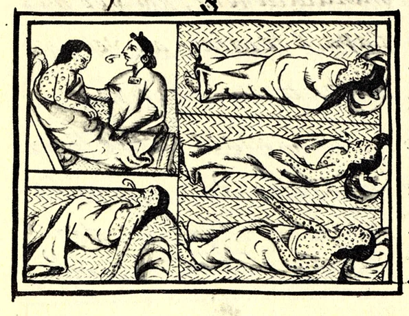 Indieni din America suferind de variolă. Desen din Cartea a XII-a a Codexului florentin, din secolul al XVI-lea (© Wikimedia Commons)