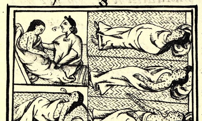 Indieni din America suferind de variolă. Desen din Cartea a XII-a a Codexului florentin, din secolul al XVI-lea (© Wikimedia Commons)