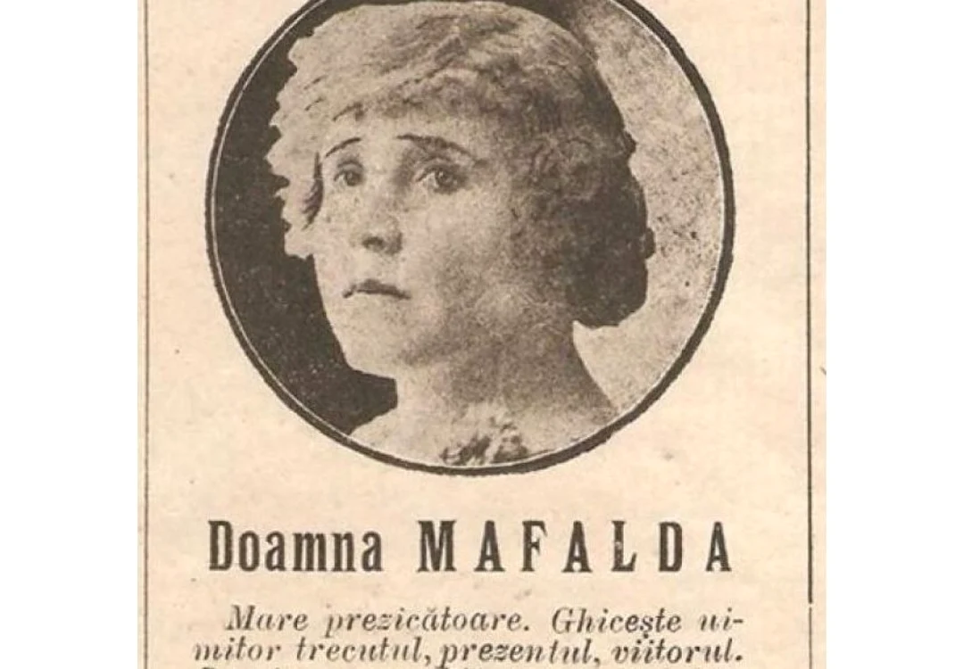 Imagine a unui anunţ din perioada interbelică cu prezicătoarea Mafalda