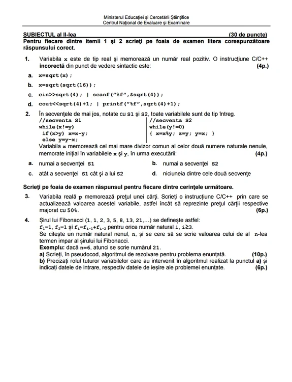 Bac 2015 subiecte Informatica limbajul c/c++/ştiinţele naturii - prima sesiune