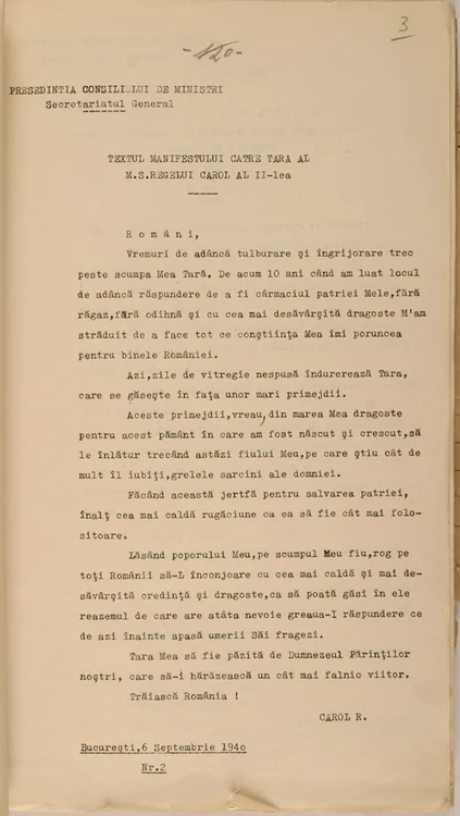 „Manifestul către țară” semnat de Carol al II-lea, prin care își anunța renunțarea la Tron, nu conține formularea „abdic”