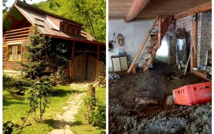 Imaginea de dinainte a cabanei şi interiorul plin de nămol şi pietre aduse de viitură