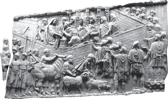 Scena unei jertfe, ilustrată pe Columna lui Traian. Foto: Radu Vulpe. Columna lui Traian
