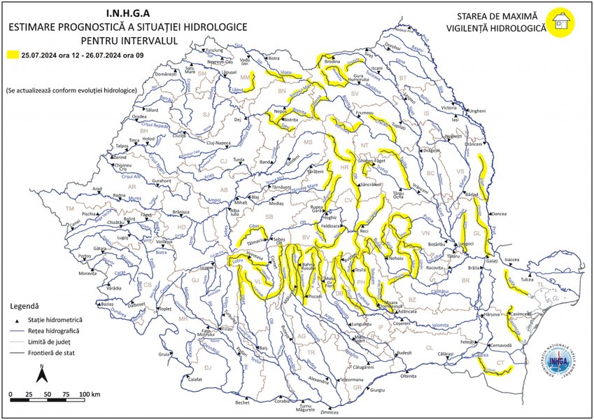Pericol de inundaţii în mai multe zone din țară, până vineri dimineaţa. Râurile pe care sunt așteptate viituri