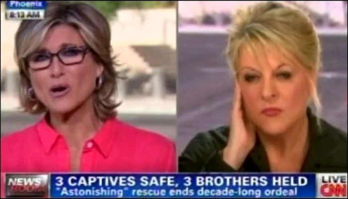 Ashleigh Banfield (stânga) şi Nancy Grace, ambele jurnaliste, au purtat un dialog promovat ca fiind transmis prin satelit