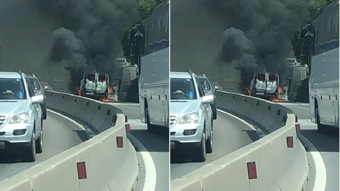 Maşină în flăcări în trafic pe DN7-E81 Dealul Negru în Vâlcea Foto ISU Vâlcea