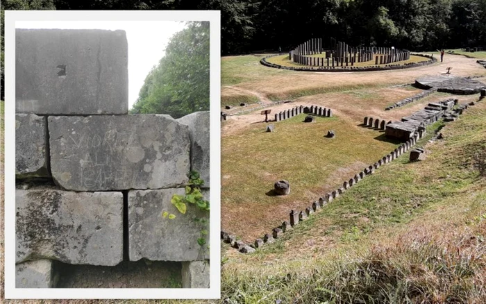 Colaj. Sarmizegetusa Regia. In medalion - zidul scrijelit. Foto: IJJ Hunedoara / Daniel Guţă