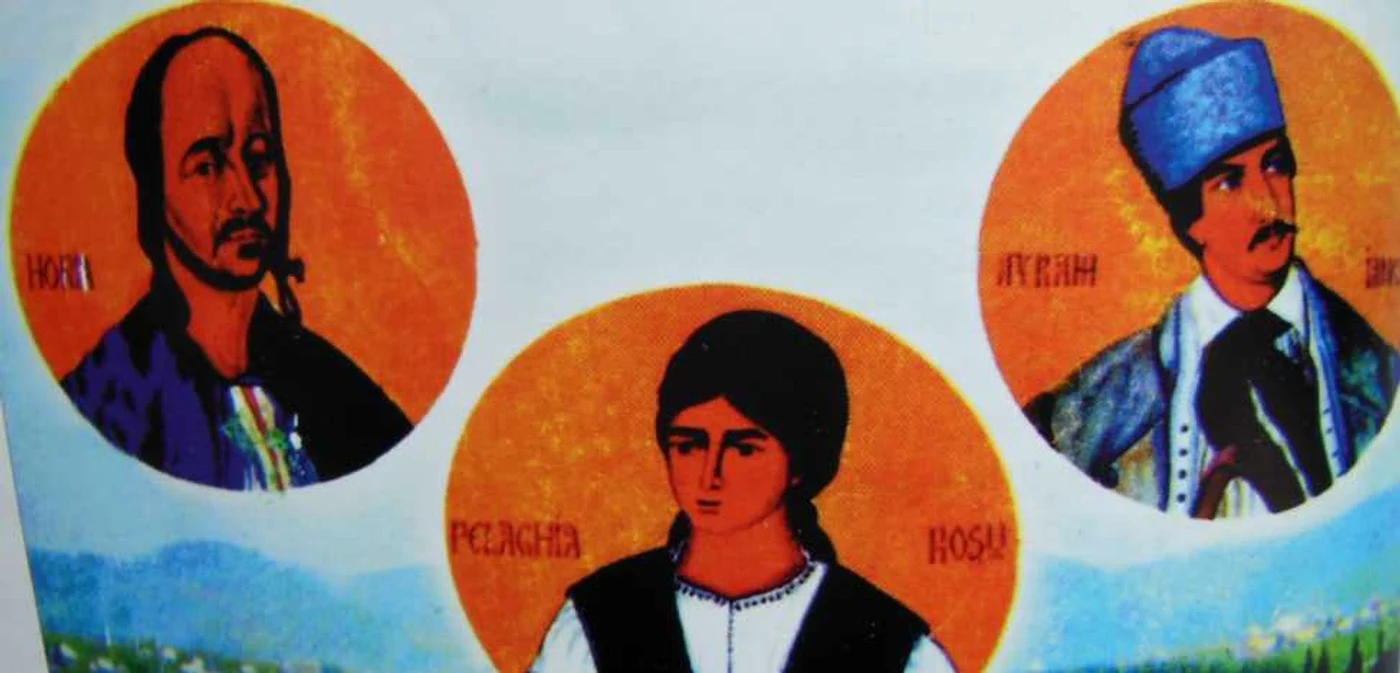 Chipul Pelaghiei Roşu, pictat în Biserica din Mărişel. Stânga imaginii - Horea, dreapta imaginii -Avram Iancu