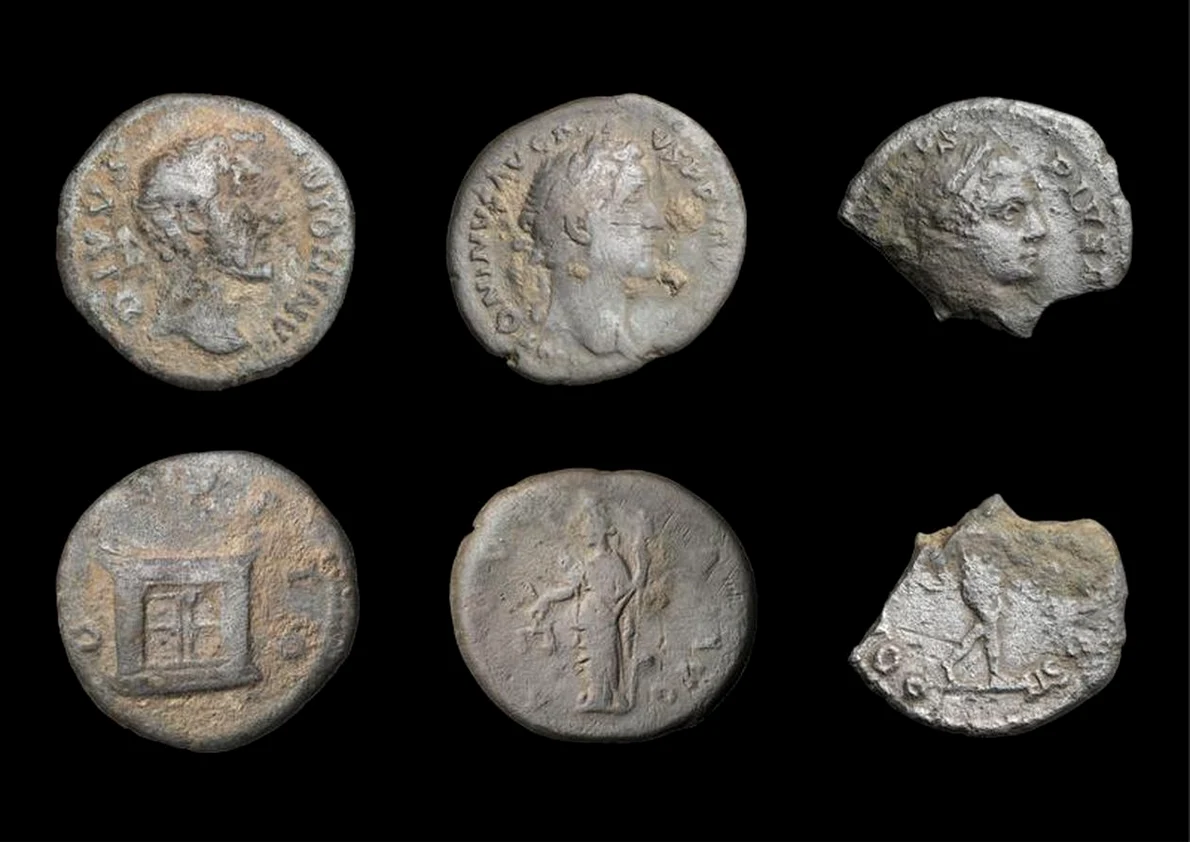 Monede romane descoperite în cele patru castre, bătute de Antoninus Pius, Marcus Aurelius și Caracalla. Fotografie de Anika Tauschensky (© Oficiul de Stat pentru Administrarea Patrimoniului și Arheologiei din Saxonia-Anhalt)