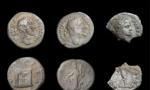 Monede romane descoperite în cele patru castre, bătute de Antoninus Pius, Marcus Aurelius și Caracalla. Fotografie de Anika Tauschensky (© Oficiul de Stat pentru Administrarea Patrimoniului și Arheologiei din Saxonia-Anhalt)