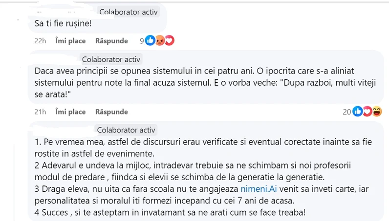 Profesorii o critică pe absolventa care a criticat, al rândul ei, sistemul FOTO: FB/Grup profesori