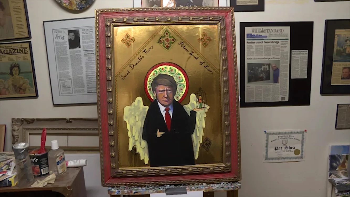 Tablou intitulat „Saint Donaldo Trump, patron of saint liars”, autor Pat Shea, august 2018