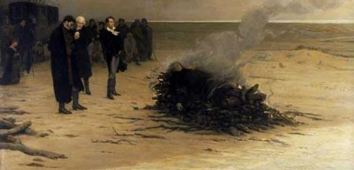 “Incinerarea
lui Percy Bysshe Shelley” (1889),
celebrul tablou de Louis Édouard Fournier (1857–1917), este reprodus pe coperta cărţii. Al treilea din centru este reprezentat Lord Byron