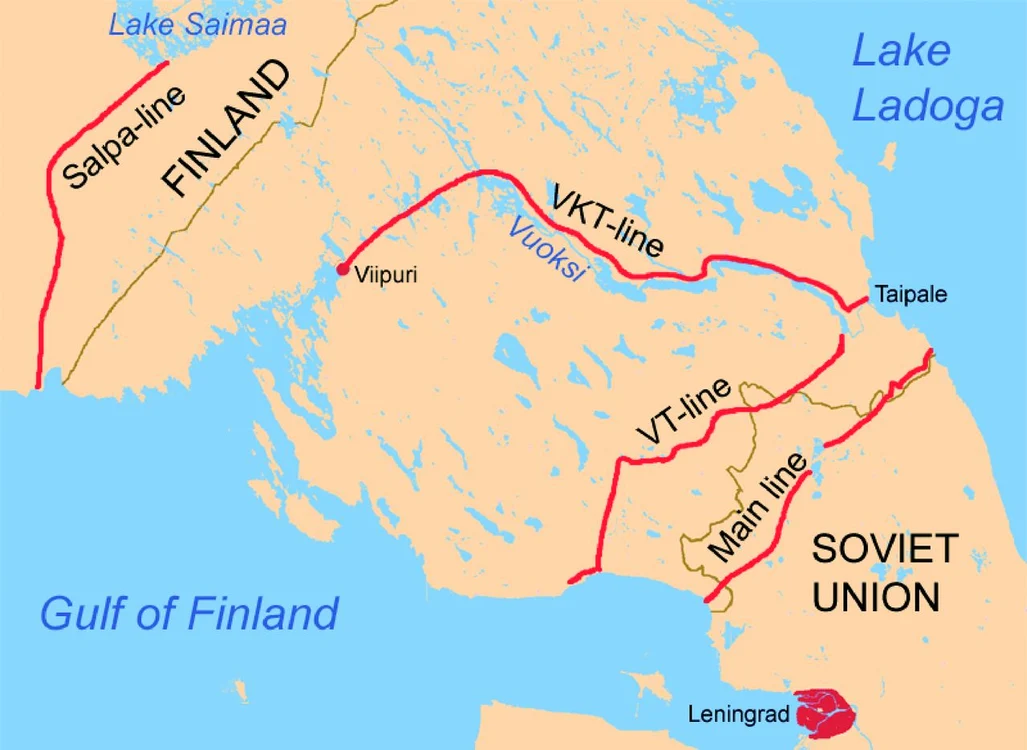 Harta liniilor defensive finlandeze din Istmul Carelian în vara anului 1944 (© Wikimedia Commons)