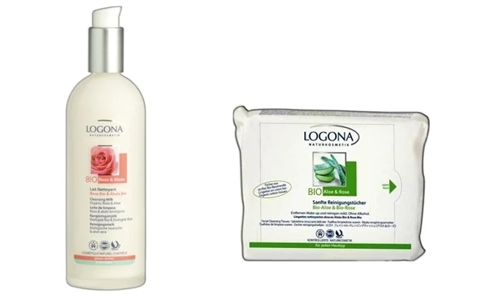 Lapte demachiant Bio pentru ten uscat (69,9 lei) şi şerveţele demachiante (31,9 lei), ambele cu extract de trandafiri şi aloe vera, pe life-care.com