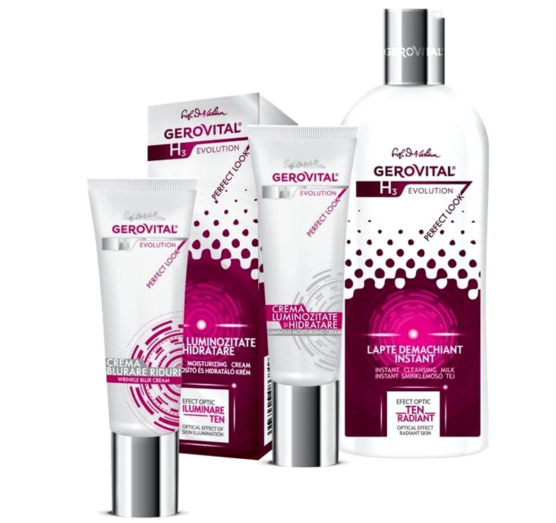 Gerovital H3 Evolution Perfect Look cuprinde trei produse special concepute pentru a masca optic ridurile fine, porii dilatați sau micile imperfecțiuni
