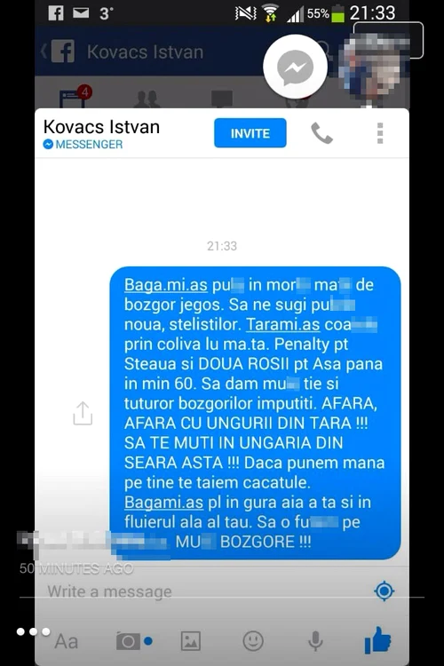 Unul din mesajele primite de Istvan Kovacs după partida de duminică