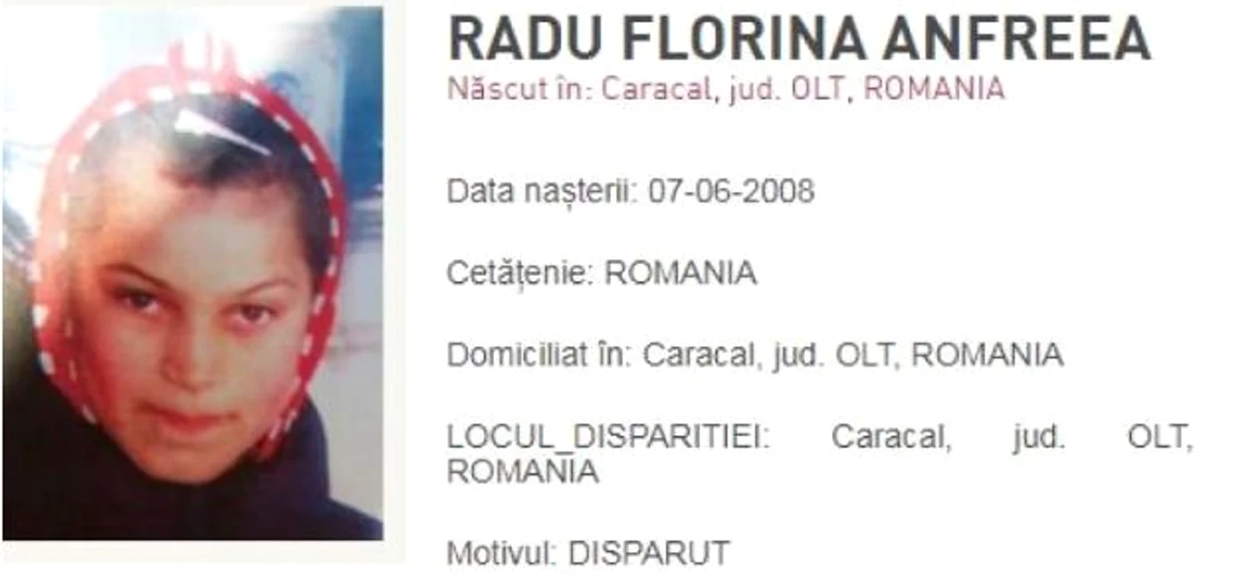 O fetiță de 11 ani din Caracal a fost dată dispărutăFoto: Poliția Română