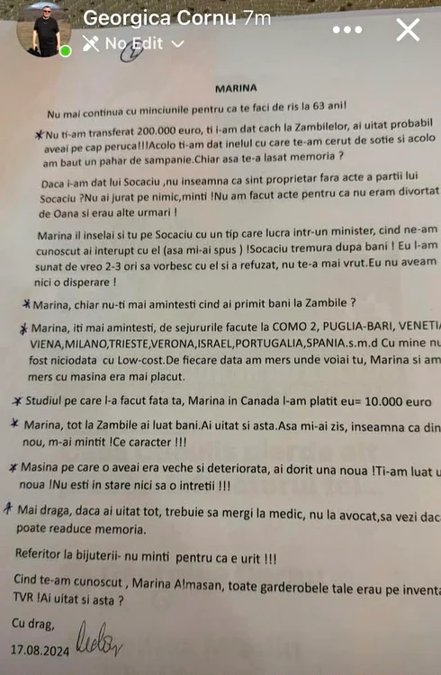 Scrisoarea lui Georgică Cornu e adresată Marinei Almășan foto: Facebook 
