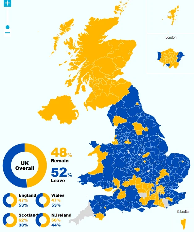 Harta voturilor Brexit: Albastru - părăsirea UE/ Galben - rămânerea în UE