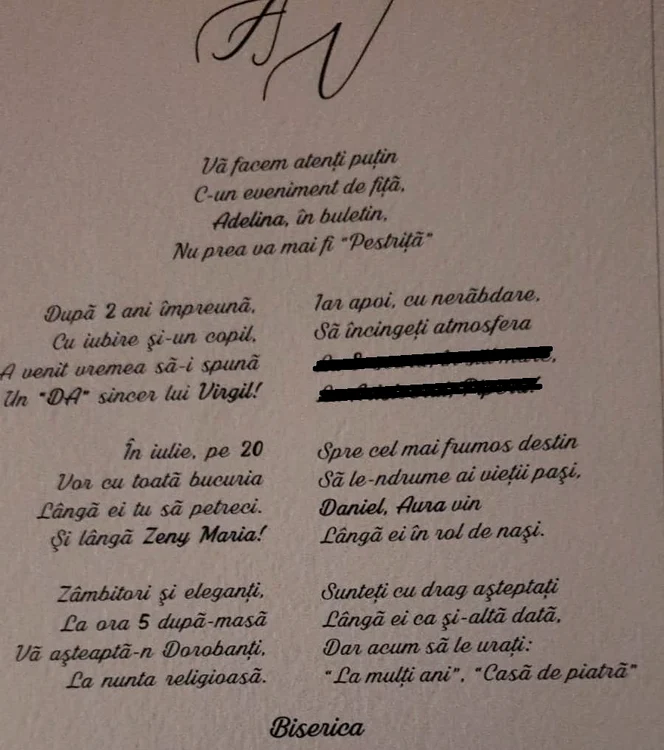 Ce scrie pe invitația de la nunra Adelinei Pestrițu