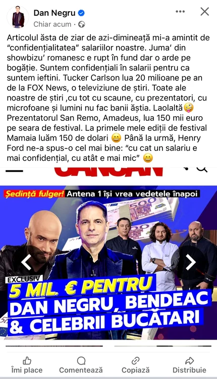 Postarea făcută de Dan Negru pe pagina personală de Facebook