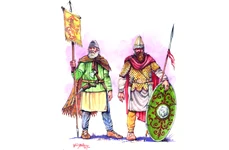 Nobili daci. În stânga, un purtător de stindard din material textil, după reprezentările de pe Columnă, ornamentat probabil cu imagini de zei, eroi mitologici sau animale reale sau fantastice. Are ca arme doar o sică și un topor, fiindcă stegarul era