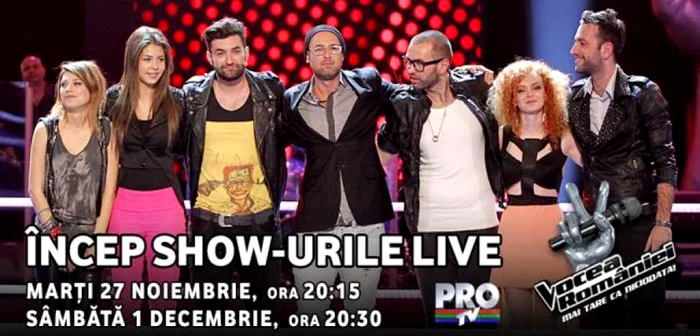 Echipa lui Smiley de la Vocea României. Antrenorul, încadrat de Andreea Olariu şi Tiberiu Scobiola. Primul din dreapta, Gheorghe Mihail FOTO Pro TV