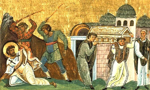 calendar ortodox 2022 22 ianuarie Martiriul Sfântului Apostol Timotei   miniatură din Menologhionul lui Vasile al II lea Macedoneanul (985  Vatican Library  Roma ) jpg