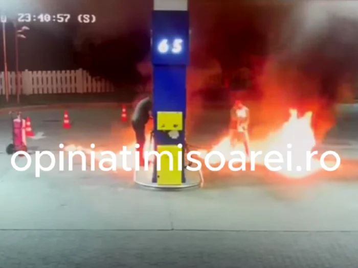 VIDEO Incident șocant în Timiș: Un bărbat beat a incendiat o pompă de benzină, i-a provocat arsuri unui angajat și a amenințat că se va sinucide