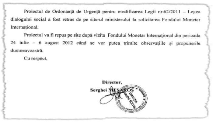 Adresa trimisă de Ministerul Muncii către sindicate