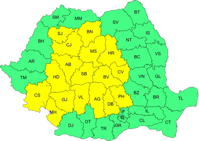 Județele vizate de avertizarea Cod galben. FOTO ANM
