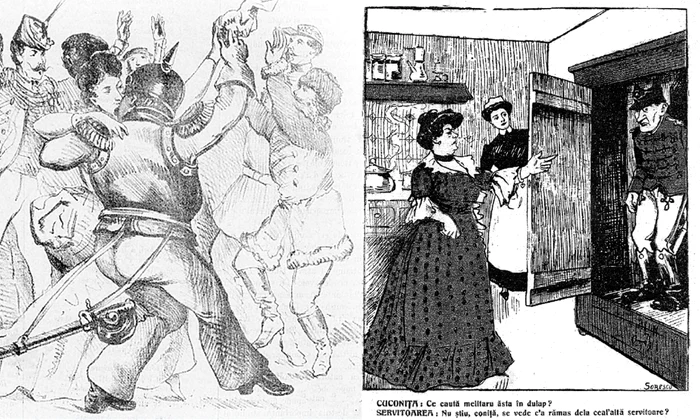 Petreceri în Bucureștiul secolului al XIX-lea, „Ghimpele”, 17 februarie 1874 (stânga); „O explicație ciudată”, caricatură de Nicolae Petrescu-Găină, Ţivil-Cazon, nr. 8, 1906, p. 1. (dreapta)