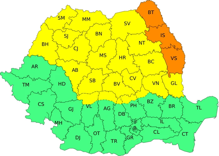 Harta coduri galben și portocaliu de ploi torențiale FOTO ANM