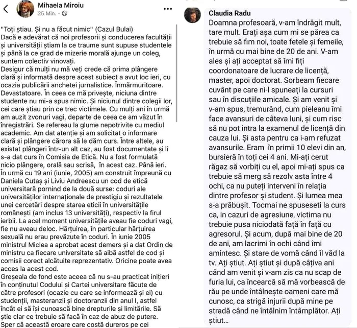 Postarea Mihaelei Miroiu și comentariul lăsat de fosta studentă