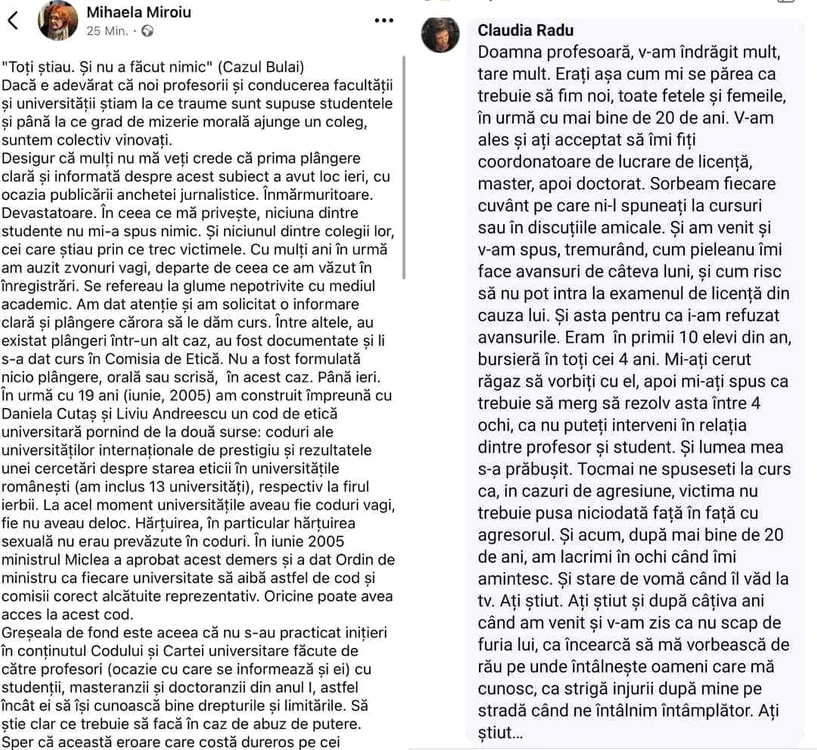 Postarea Mihaelei Miroiu și comentariul lăsat de fosta studentă