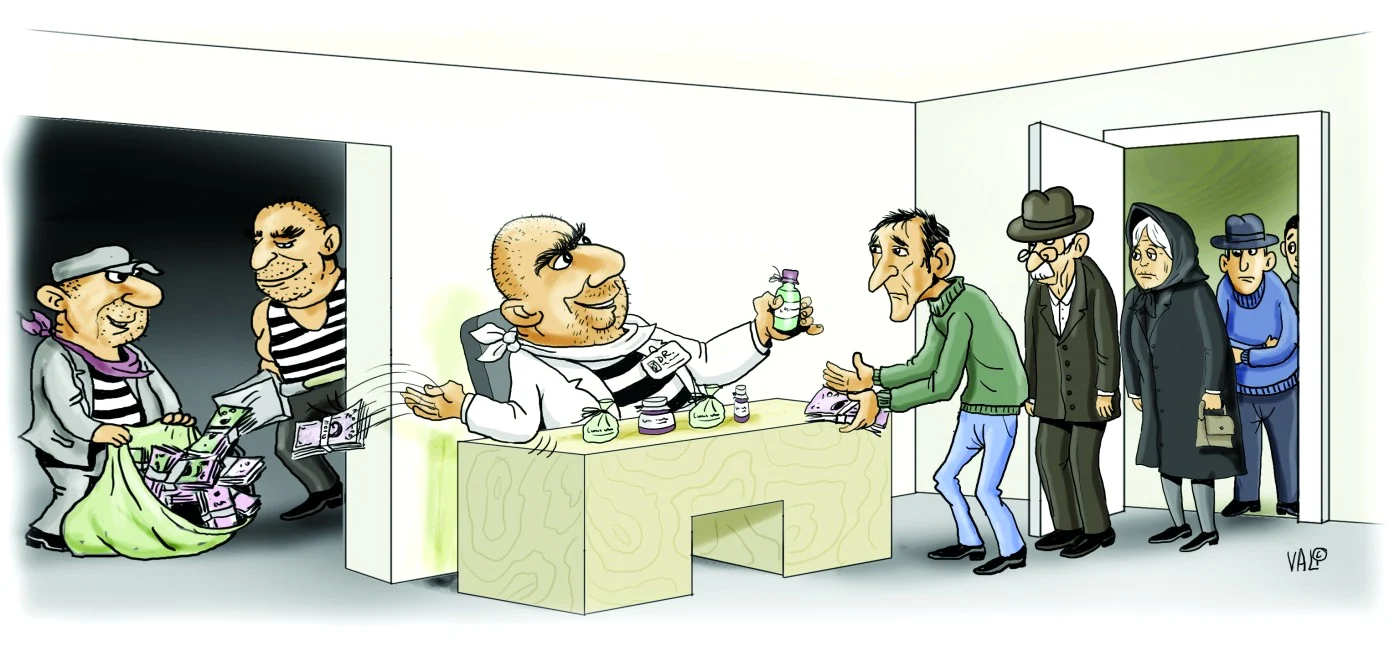 Acesta este circuitul banilor în cabinetele vindecătorilor miraculoşi.            CARICATURĂ: Vali Ivan