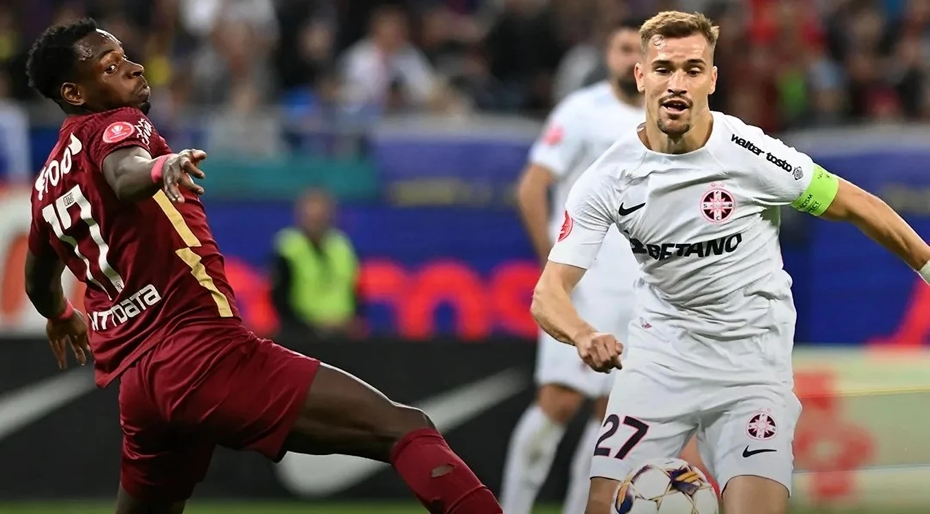 Duel din meciul FCSB - CFR Cluj, cu Darius Olaru în atac