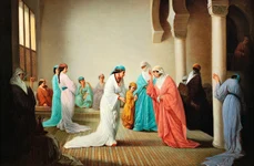 Interiorul unui harem, pictură de Henriette Browne, expusă la Paris în 1861 (© Wikimedia Commons)