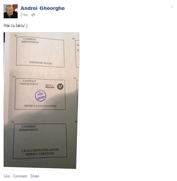 Andrei Gheorghe a postat o imagine cu buletinul lui de vot pe Facebook